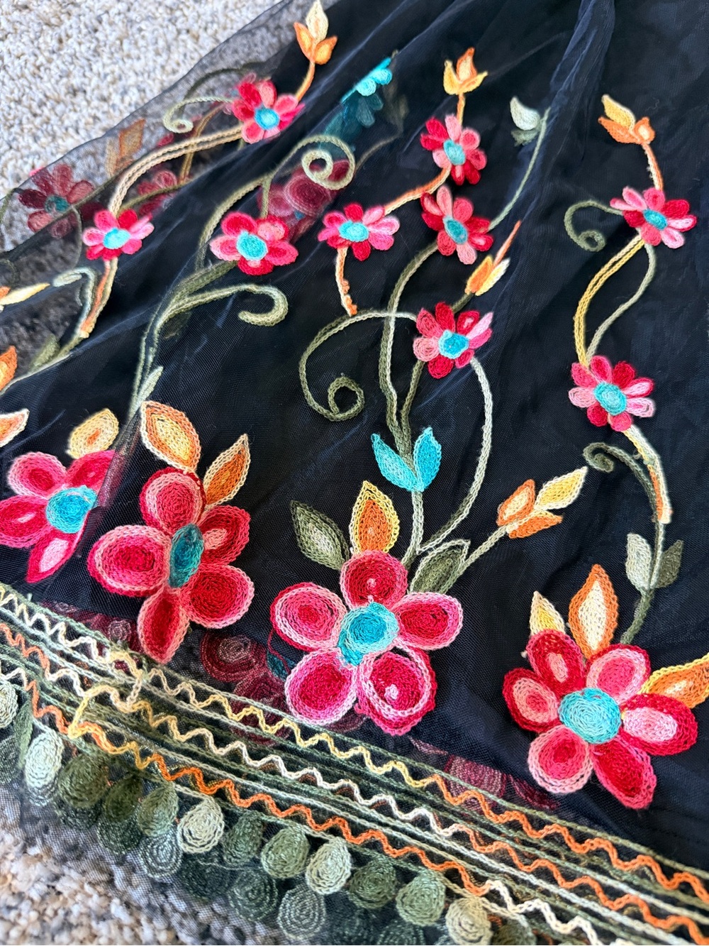 Black Stretchy Skirt with Multicolor Floral Embroidery - Picture 2 of 4